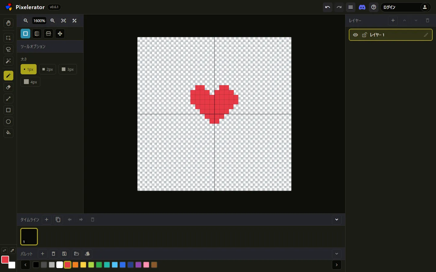 DotSprite のエディタ画面。左にツール、下にパレット、右にレイヤーが並ぶ